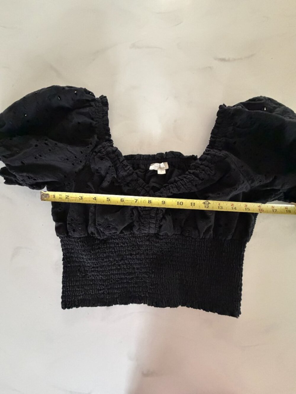 Jennifer & Grace Black Eyelet Smocked Off Shoulder Crop Top S - Picture 5 of 9